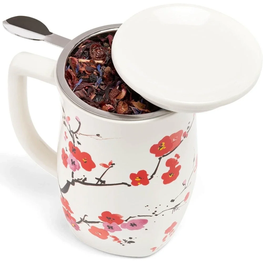Tea Forte‎ Ceramic Fiore Cup Removeable Stainless Infuser Basket Handle Lid NEW